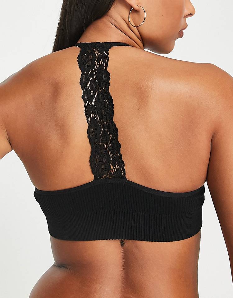 New Look seamless lace back crop bra top in black